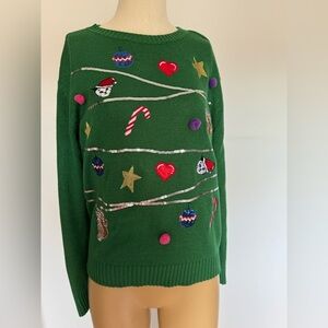 Ugly Christmas Sweater with Festive Embellishments. Ptp 20” length 21”